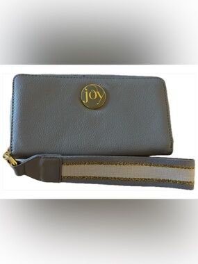 Joy Mangano Light Blue Pebbled Leather Wristlet Wallet Zip Around Gold Tone Logo